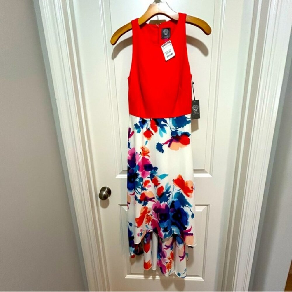 Vince Camuto NWT.  Dress. Red bodice/flower skirt. Size 8. High low